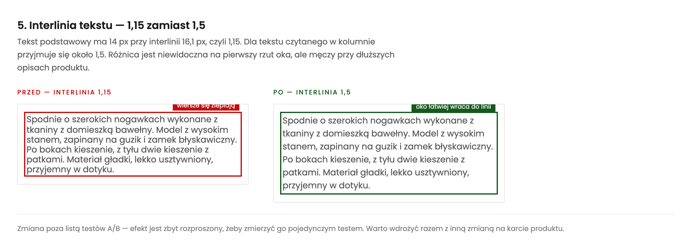 Porównanie tego samego opisu produktu przy interlinii 1,15 i 1,5